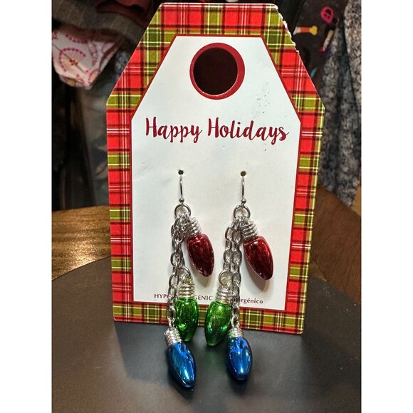 Holiday-Themed Hypoallergenic Earrings Colorful Bulbs On Silver Chains Festive - Picture 4 of 9